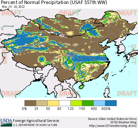 China, Mongolia and Taiwan Percent of Normal Precipitation (USAF 557th WW) Thematic Map For 3/14/2022 - 3/20/2022