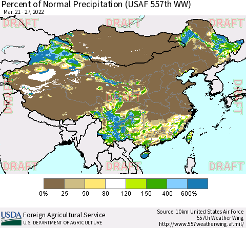 China, Mongolia and Taiwan Percent of Normal Precipitation (USAF 557th WW) Thematic Map For 3/21/2022 - 3/27/2022