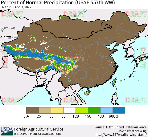China, Mongolia and Taiwan Percent of Normal Precipitation (USAF 557th WW) Thematic Map For 3/28/2022 - 4/3/2022