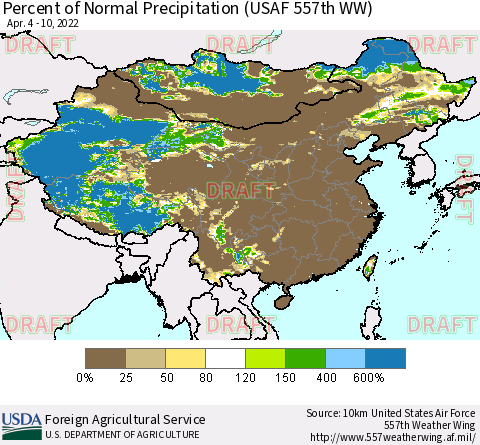 China, Mongolia and Taiwan Percent of Normal Precipitation (USAF 557th WW) Thematic Map For 4/4/2022 - 4/10/2022