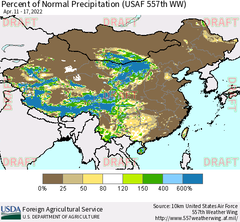 China, Mongolia and Taiwan Percent of Normal Precipitation (USAF 557th WW) Thematic Map For 4/11/2022 - 4/17/2022