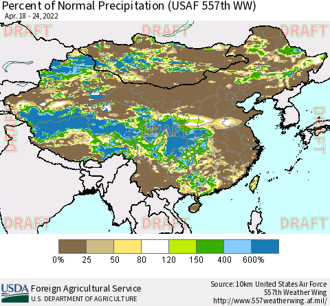 China, Mongolia and Taiwan Percent of Normal Precipitation (USAF 557th WW) Thematic Map For 4/18/2022 - 4/24/2022