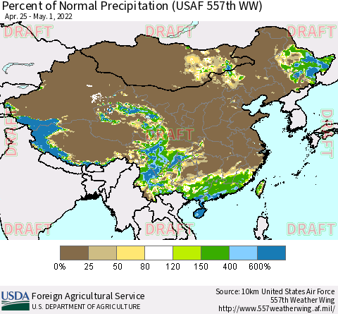 China, Mongolia and Taiwan Percent of Normal Precipitation (USAF 557th WW) Thematic Map For 4/25/2022 - 5/1/2022
