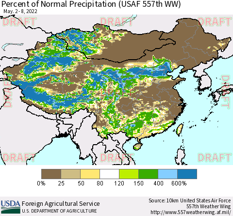 China, Mongolia and Taiwan Percent of Normal Precipitation (USAF 557th WW) Thematic Map For 5/2/2022 - 5/8/2022