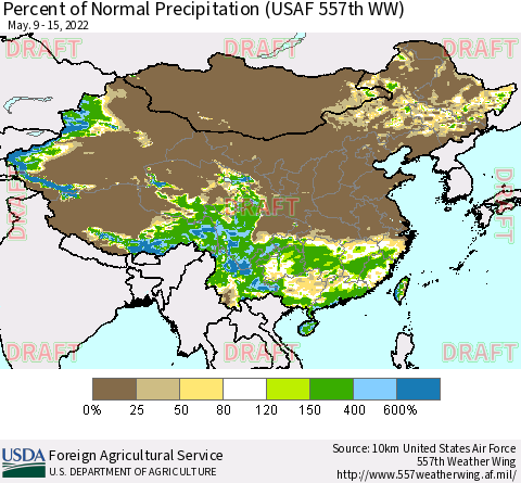 China, Mongolia and Taiwan Percent of Normal Precipitation (USAF 557th WW) Thematic Map For 5/9/2022 - 5/15/2022
