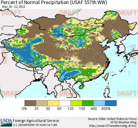 China, Mongolia and Taiwan Percent of Normal Precipitation (USAF 557th WW) Thematic Map For 5/16/2022 - 5/22/2022