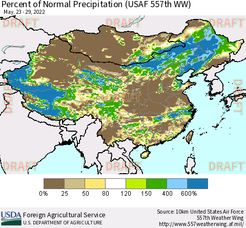 China, Mongolia and Taiwan Percent of Normal Precipitation (USAF 557th WW) Thematic Map For 5/23/2022 - 5/29/2022