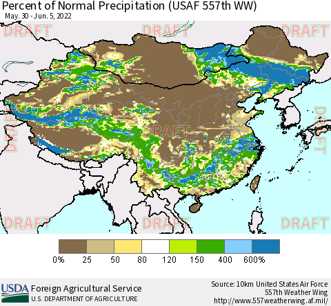 China, Mongolia and Taiwan Percent of Normal Precipitation (USAF 557th WW) Thematic Map For 5/30/2022 - 6/5/2022
