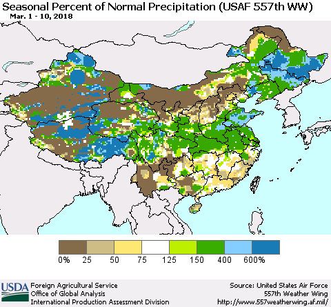 China, Mongolia and Taiwan Seasonal Percent of Normal Precipitation (USAF 557th WW) Thematic Map For 3/1/2018 - 3/10/2018
