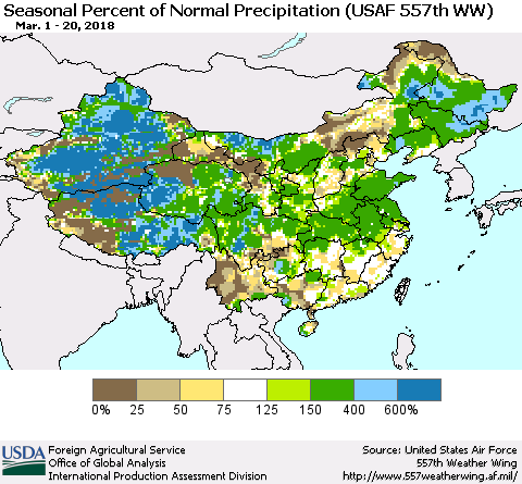 China, Mongolia and Taiwan Seasonal Percent of Normal Precipitation (USAF 557th WW) Thematic Map For 3/1/2018 - 3/20/2018