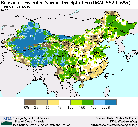 China, Mongolia and Taiwan Seasonal Percent of Normal Precipitation (USAF 557th WW) Thematic Map For 3/1/2018 - 3/31/2018