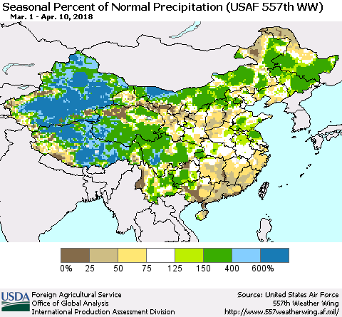 China, Mongolia and Taiwan Seasonal Percent of Normal Precipitation (USAF 557th WW) Thematic Map For 3/1/2018 - 4/10/2018