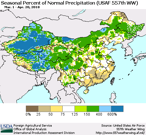 China, Mongolia and Taiwan Seasonal Percent of Normal Precipitation (USAF 557th WW) Thematic Map For 3/1/2018 - 4/20/2018
