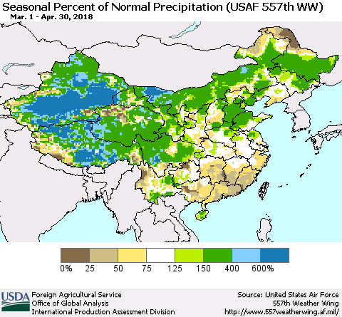 China, Mongolia and Taiwan Seasonal Percent of Normal Precipitation (USAF 557th WW) Thematic Map For 3/1/2018 - 4/30/2018