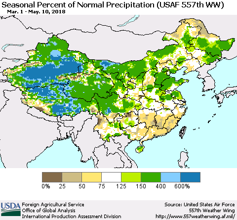 China, Mongolia and Taiwan Seasonal Percent of Normal Precipitation (USAF 557th WW) Thematic Map For 3/1/2018 - 5/10/2018