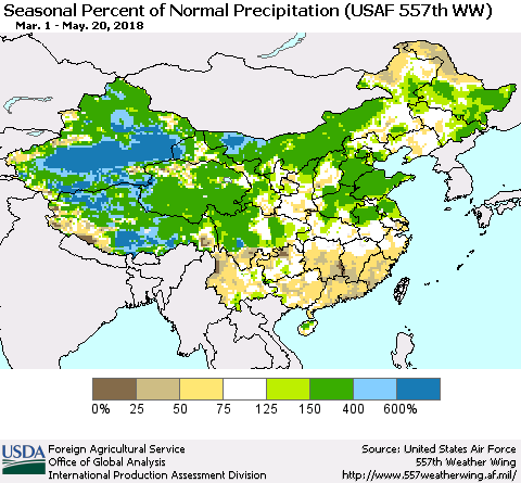 China, Mongolia and Taiwan Seasonal Percent of Normal Precipitation (USAF 557th WW) Thematic Map For 3/1/2018 - 5/20/2018