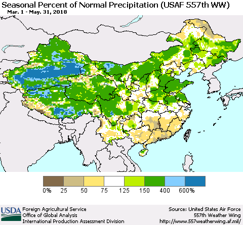 China, Mongolia and Taiwan Seasonal Percent of Normal Precipitation (USAF 557th WW) Thematic Map For 3/1/2018 - 5/31/2018