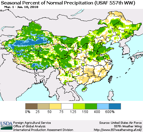 China, Mongolia and Taiwan Seasonal Percent of Normal Precipitation (USAF 557th WW) Thematic Map For 3/1/2018 - 6/10/2018