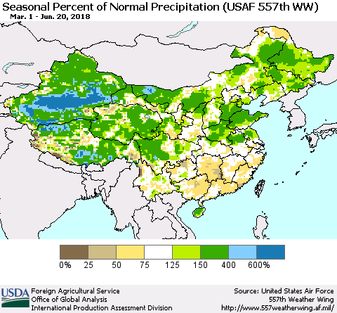 China, Mongolia and Taiwan Seasonal Percent of Normal Precipitation (USAF 557th WW) Thematic Map For 3/1/2018 - 6/20/2018