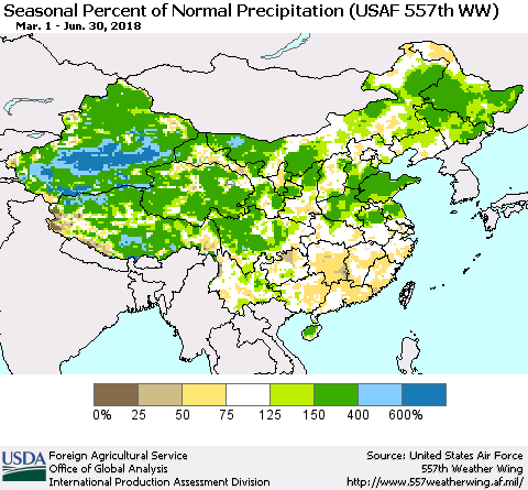 China, Mongolia and Taiwan Seasonal Percent of Normal Precipitation (USAF 557th WW) Thematic Map For 3/1/2018 - 6/30/2018