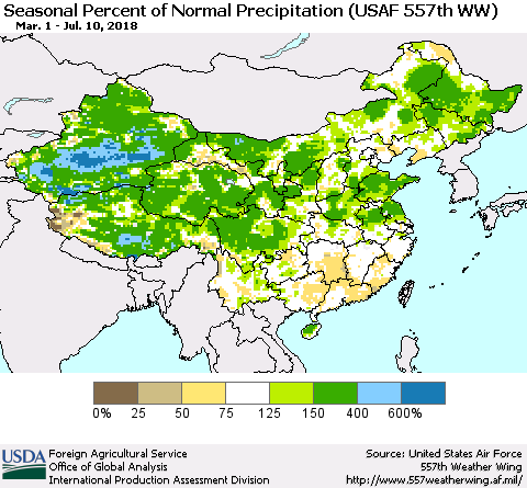 China, Mongolia and Taiwan Seasonal Percent of Normal Precipitation (USAF 557th WW) Thematic Map For 3/1/2018 - 7/10/2018