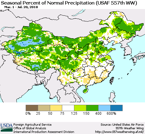 China, Mongolia and Taiwan Seasonal Percent of Normal Precipitation (USAF 557th WW) Thematic Map For 3/1/2018 - 7/20/2018