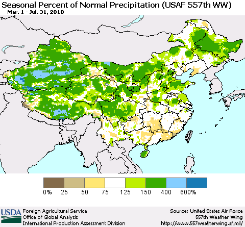 China, Mongolia and Taiwan Seasonal Percent of Normal Precipitation (USAF 557th WW) Thematic Map For 3/1/2018 - 7/31/2018