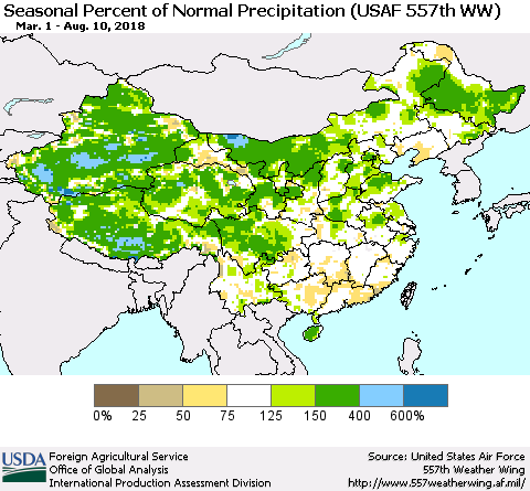 China, Mongolia and Taiwan Seasonal Percent of Normal Precipitation (USAF 557th WW) Thematic Map For 3/1/2018 - 8/10/2018