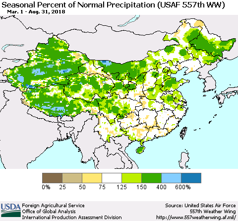 China, Mongolia and Taiwan Seasonal Percent of Normal Precipitation (USAF 557th WW) Thematic Map For 3/1/2018 - 8/31/2018