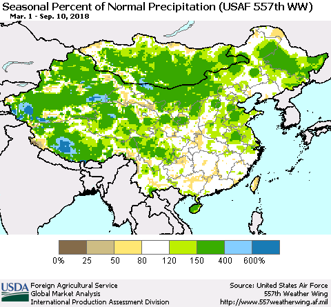 China, Mongolia and Taiwan Seasonal Percent of Normal Precipitation (USAF 557th WW) Thematic Map For 3/1/2018 - 9/10/2018