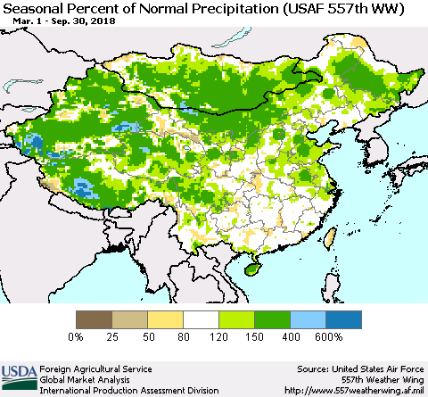 China, Mongolia and Taiwan Seasonal Percent of Normal Precipitation (USAF 557th WW) Thematic Map For 3/1/2018 - 9/30/2018