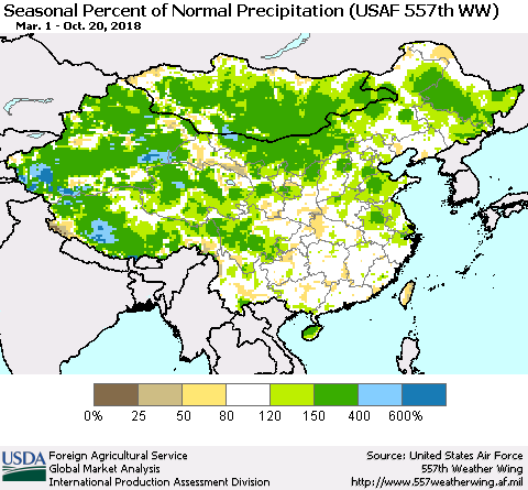 China, Mongolia and Taiwan Seasonal Percent of Normal Precipitation (USAF 557th WW) Thematic Map For 3/1/2018 - 10/20/2018