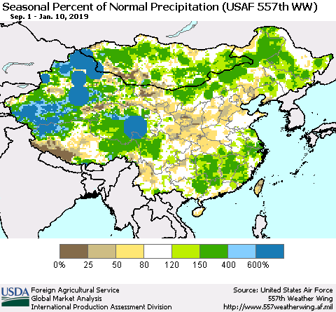 China, Mongolia and Taiwan Seasonal Percent of Normal Precipitation (USAF 557th WW) Thematic Map For 9/1/2018 - 1/10/2019