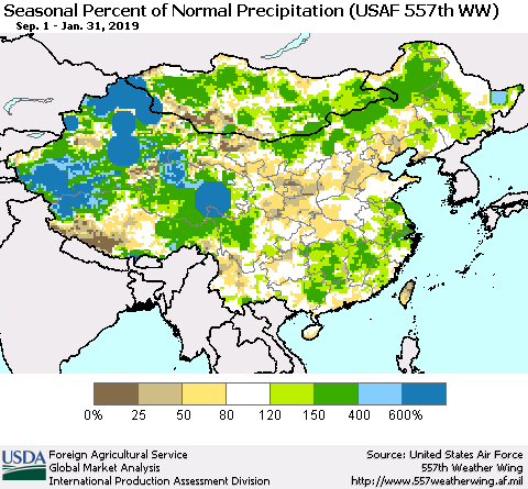 China, Mongolia and Taiwan Seasonal Percent of Normal Precipitation (USAF 557th WW) Thematic Map For 9/1/2018 - 1/31/2019