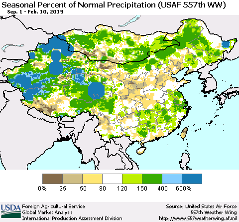 China, Mongolia and Taiwan Seasonal Percent of Normal Precipitation (USAF 557th WW) Thematic Map For 9/1/2018 - 2/10/2019