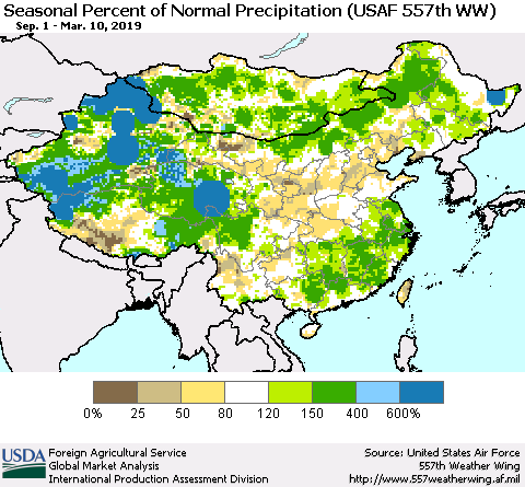 China, Mongolia and Taiwan Seasonal Percent of Normal Precipitation (USAF 557th WW) Thematic Map For 9/1/2018 - 3/10/2019