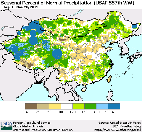China, Mongolia and Taiwan Seasonal Percent of Normal Precipitation (USAF 557th WW) Thematic Map For 9/1/2018 - 3/20/2019