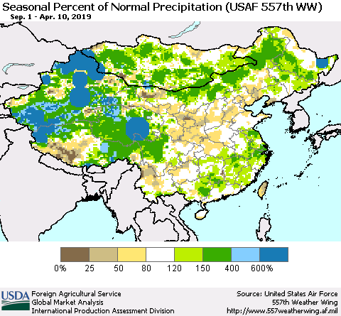 China, Mongolia and Taiwan Seasonal Percent of Normal Precipitation (USAF 557th WW) Thematic Map For 9/1/2018 - 4/10/2019