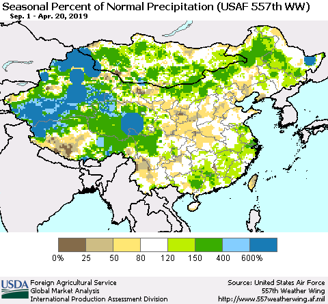 China, Mongolia and Taiwan Seasonal Percent of Normal Precipitation (USAF 557th WW) Thematic Map For 9/1/2018 - 4/20/2019