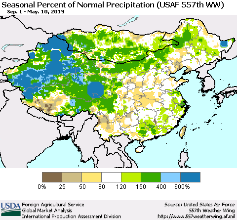 China, Mongolia and Taiwan Seasonal Percent of Normal Precipitation (USAF 557th WW) Thematic Map For 9/1/2018 - 5/10/2019
