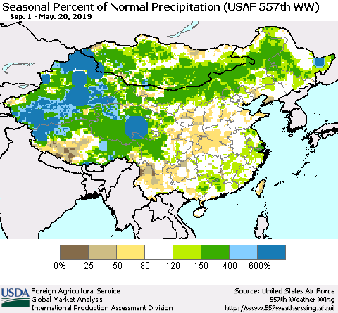 China, Mongolia and Taiwan Seasonal Percent of Normal Precipitation (USAF 557th WW) Thematic Map For 9/1/2018 - 5/20/2019