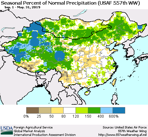 China, Mongolia and Taiwan Seasonal Percent of Normal Precipitation (USAF 557th WW) Thematic Map For 9/1/2018 - 5/31/2019