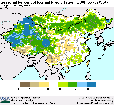 China, Mongolia and Taiwan Seasonal Percent of Normal Precipitation (USAF 557th WW) Thematic Map For 9/1/2018 - 6/10/2019