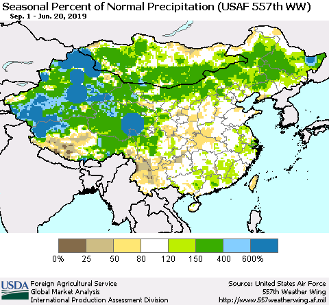 China, Mongolia and Taiwan Seasonal Percent of Normal Precipitation (USAF 557th WW) Thematic Map For 9/1/2018 - 6/20/2019