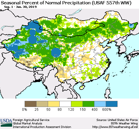 China, Mongolia and Taiwan Seasonal Percent of Normal Precipitation (USAF 557th WW) Thematic Map For 9/1/2018 - 6/30/2019