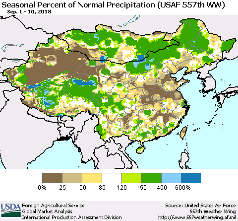 China, Mongolia and Taiwan Seasonal Percent of Normal Precipitation (USAF 557th WW) Thematic Map For 9/1/2018 - 9/10/2018