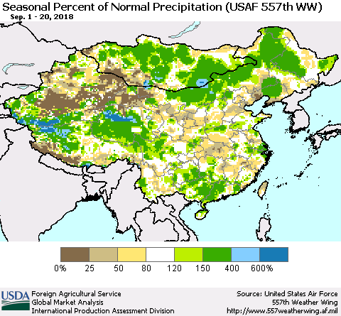 China, Mongolia and Taiwan Seasonal Percent of Normal Precipitation (USAF 557th WW) Thematic Map For 9/1/2018 - 9/20/2018