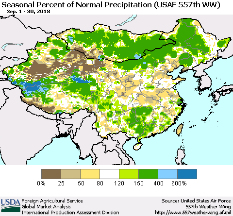 China, Mongolia and Taiwan Seasonal Percent of Normal Precipitation (USAF 557th WW) Thematic Map For 9/1/2018 - 9/30/2018