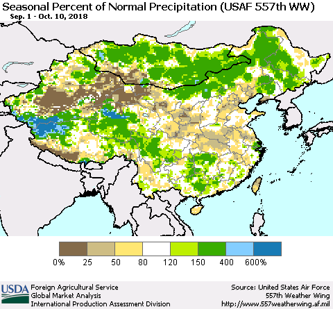 China, Mongolia and Taiwan Seasonal Percent of Normal Precipitation (USAF 557th WW) Thematic Map For 9/1/2018 - 10/10/2018