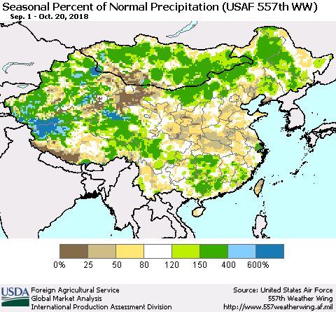 China, Mongolia and Taiwan Seasonal Percent of Normal Precipitation (USAF 557th WW) Thematic Map For 9/1/2018 - 10/20/2018